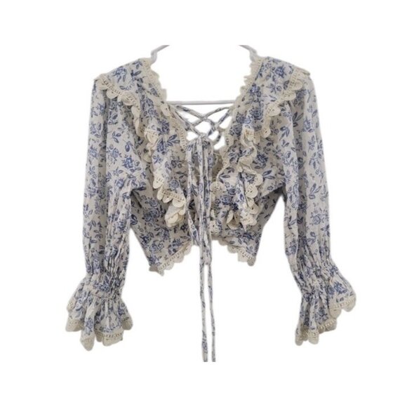 Olivaceous Womens Coquette Top Large Crop Floral Toile Cottagecore Milkmaid - Picture 1 of 8
